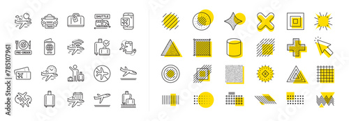 Boarding pass, Baggage claim, Arrival and Departure. Design shape elements. Airport line icons. Connecting flight, tickets, pre-order food icons. Vector