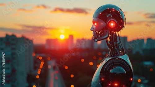 cyborg robot on the background of a city landscape with copy space. Futuristic concept of the development of technology and artificial intelligence among human civilization
