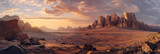 Stunning panoramic view of a vast desert with towering rock formations at sunset