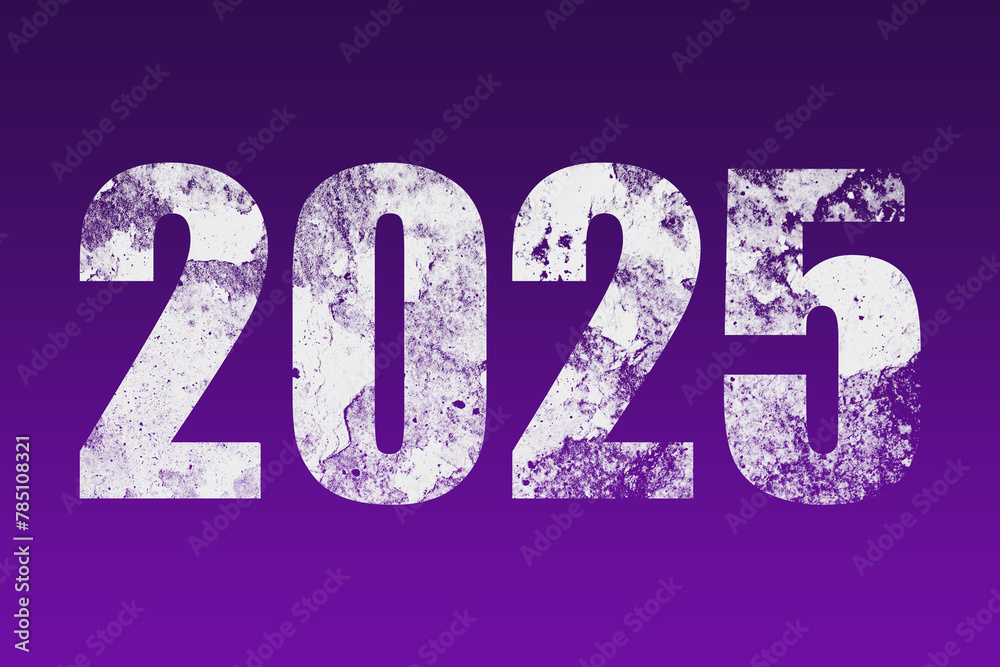 flat white grunge number of 2025 on purple background. flat white grunge number of 2025 on purple background.