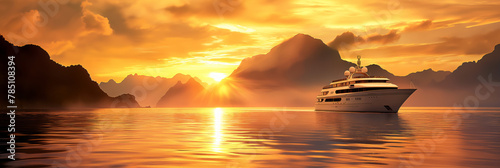 A stunning photograph showcasing a luxurious yacht cruising on tranquil waters against a dramatic golden sunset and mountain backdrop