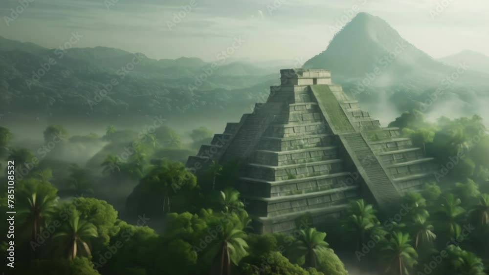 Aerial View of Ancient Mayan Temple. Remains of Old Civilization Landscape, Pull Back Drone Shot. Aztec pyramid architecture. Abandoned lost culture. World history. Place of worship.
