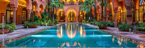 The photo depicts a luxuriously designed indoor pool, warmly lit with reflections in the water adding to its opulence photo