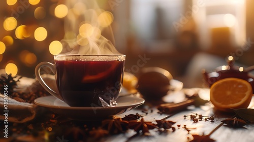 A cup of hot mulled wine on a wooden table. There are spices and a lemon wedge next to it. The background is blurry and has a warm, cozy feel.