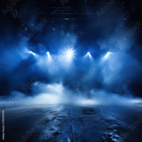 Blue stage background, blue spotlight light effects, dark atmosphere, smoke and mist, simple stage background, stage lighting, spotlights