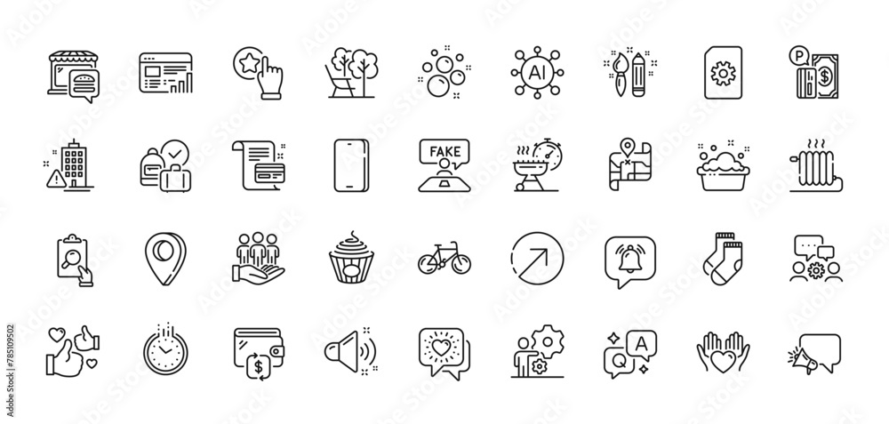 Fototapeta premium Time, Radiator and Megaphone line icons pack. AI, Question and Answer, Map pin icons. Bicycle, Like, Payment card web icon. Fake review, Inspect, Socks pictogram. Vector