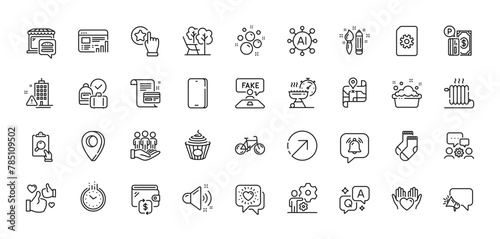 Time, Radiator and Megaphone line icons pack. AI, Question and Answer, Map pin icons. Bicycle, Like, Payment card web icon. Fake review, Inspect, Socks pictogram. Vector © blankstock
