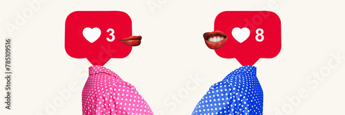 Banner. Contemporary art collage. Two persons with speech bubbles against heads, containing lips and social media like counts, facing each other. Concept of social media, modern lifestyle, popularity