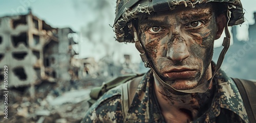 Soldier in tattered uniform, closeup with devastated city background