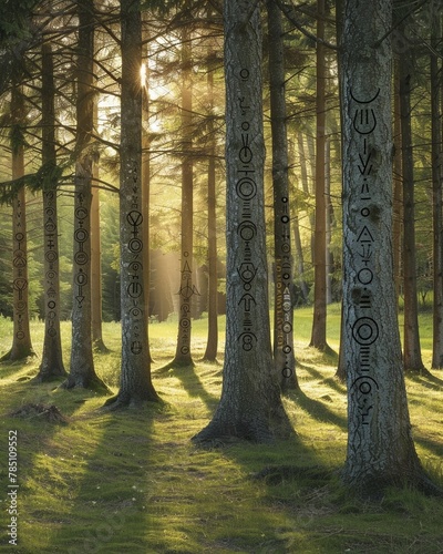 A mystical forest clearing with nine distinct trees  each carved with symbolic Enneagram glyphs  morning light