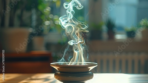 An incense and its smoke in a peaceful, light, ambient room. there are some greens in the background. Generative AI.