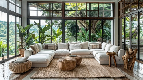 A nature-inspired seating area featuring a rattan sectional sofa, a driftwood side table, and floor-to-ceiling windows showcasing panoramic views of lush greenery. Generative AI.