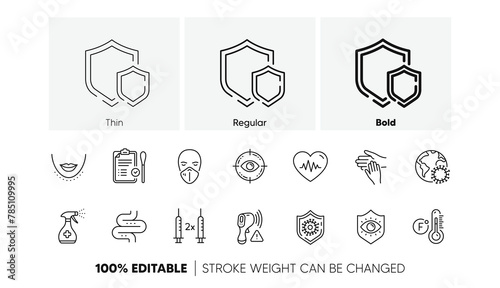 Heartbeat, Chin and Nasal test line icons. Pack of Coronavirus, Eye protection, Electronic thermometer icon. Medical mask, Shields, Volunteer pictogram. Medical cleaning, Eye target. Vector