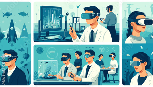 Conceptual concept of AR and VR technology images combined with Artificial Intelligence. Vector illustration.