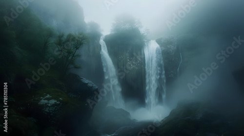 Misty morning shot of waterfall with fog in nature landscape