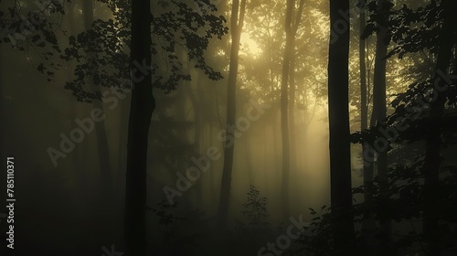 Foggy forest silhouette  close-up  straight-on angle  mysterious early morning 
