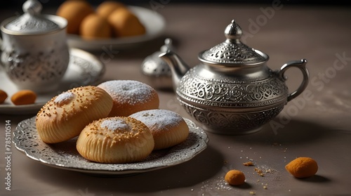 Delicate Eid Sweets with Tea: Celebratory Maamoul Cookies and Powdered Sugar on Kahk.generative.ai 