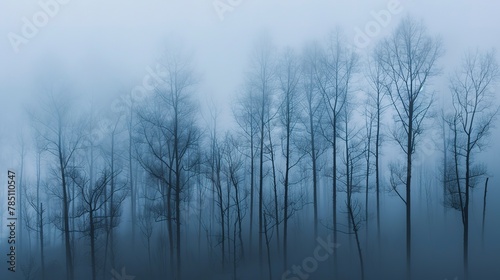 Sparse trees, foggy backdrop, close-up, high-angle, minimalist forest, muted morning hues