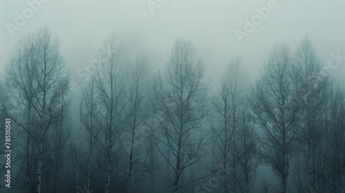 Sparse trees  foggy backdrop  close-up  high-angle  minimalist forest  muted morning hues 