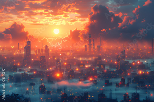 sunset over the city,
 Illustration of future cities #785110597