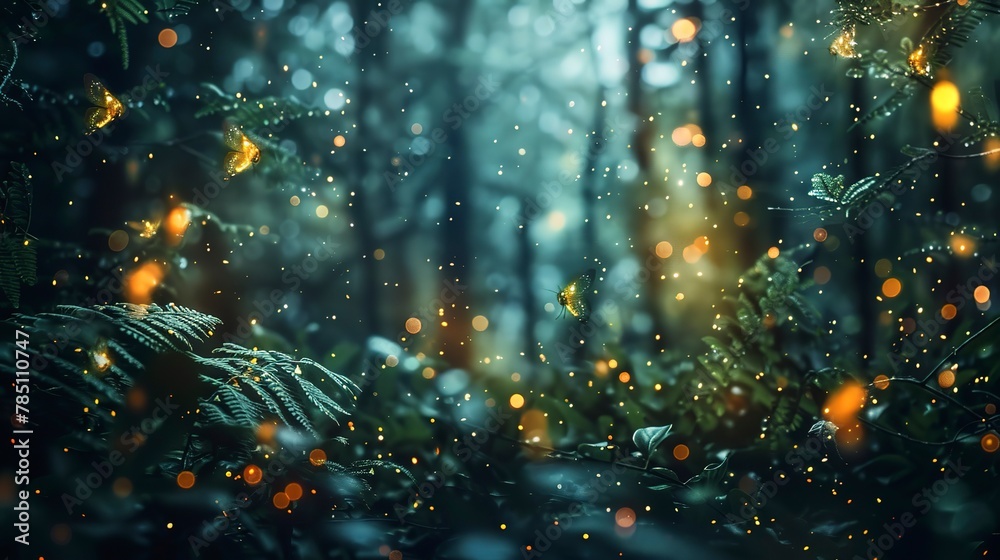 Glowing fireflies, night forest, close-up, low angle, twinkling lights, midnight enchantment -