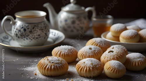 Delicate Eid Sweets with Tea: Celebratory Maamoul Cookies and Powdered Sugar on Kahk.generative.ai 