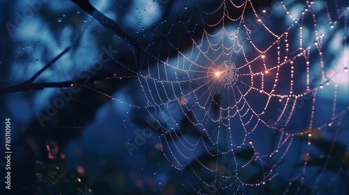 Spider web with dew, close-up, high-angle, night forest, ethereal threads, moonlit sparkle 