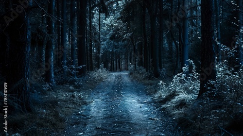 Shadowy path through trees, close-up, straight-on shot, night forest journey, dim starlight - photo
