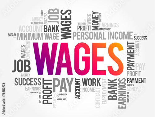 Wages - payment made by an employer to an employee for work done in a specific period of time, word cloud concept background