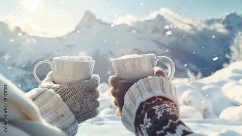 Two hands in knitted gloves holding steaming mugs against a snowy mountain backdrop.