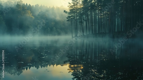 Misty water surface, ghostly forest reflection, close-up, high-angle, dawn's first light