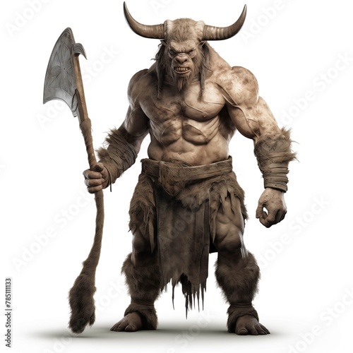 Illustration of a Minotaur Holding a Weapon on a White Background
