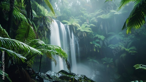 Cascading waterfall  blurred motion  close-up  eye-level  hidden rainforest gem  misty air 