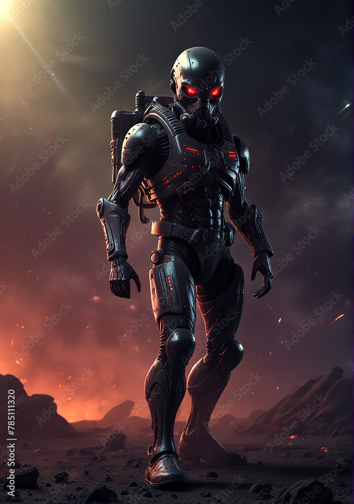 Fototapeta premium A cyborg is standing on a planet
