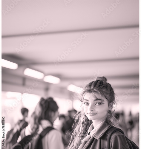 A young woman with striking light eyes and long blonde hair stands elegantly in the hallway of a high school. Her beauty and youth radiate as she waits expectantly, her eyes full of anticipation. Capt