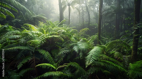 Lush ferns  dew-kissed  close-up  low angle  dense rainforest floor  early light filtering 