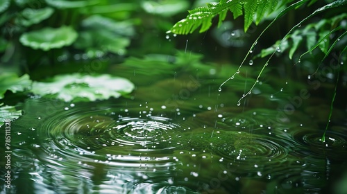 Torrential rain on pond, close-up, high-angle, rainforest's heart, rhythmic water dance 