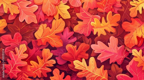 The leaves of an autumn oak tree are drawn in a seamless modern pattern