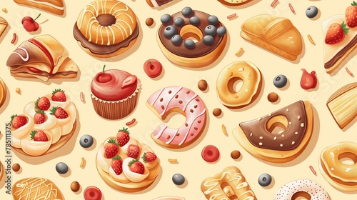 A Seamless Pattern Of Donuts, Cupcakes And Pastries.