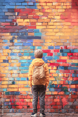 A young boy stands in front of a colorful brick wall, looking up at the sky. He is wearing a yellow jacket and a backpack. Concept of curiosity and wonder, as the boy gazes up at the sky