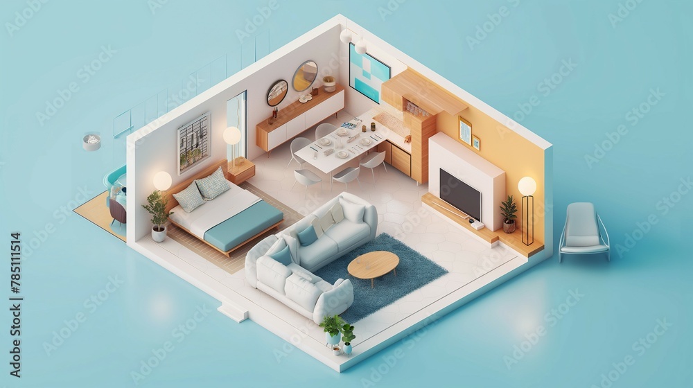 An isometric illustration of a modern open-plan apartment interior.