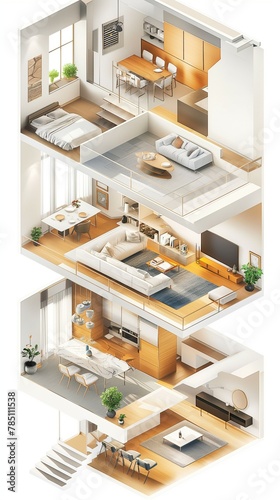 A Vertical Illustration Of An Isometric View Of A Modern Open-Plan Apartment's Interior.