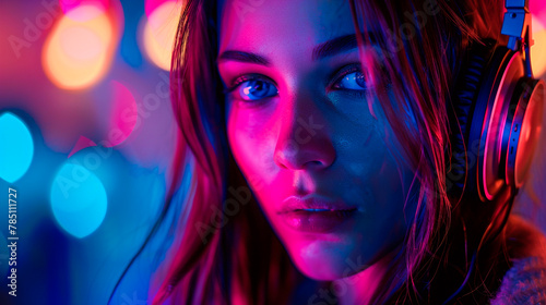 a woman with blue eyes and a red light behind her.