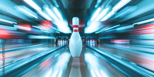 Dynamic perspective of a single bowling pin standing with a blurred ball racing down a brightly lit alley.