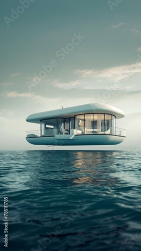 A Vertical Mobile Wallpaper Background Depicting A Futuristic Anti-Gravity House Levitating In The Ocean. 