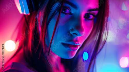a woman with a blue and red light behind her face.
