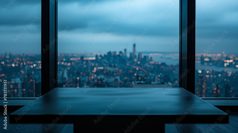 A tranquil and blurred view of a cityscape at dusk seen through the clear glass of a high-rise building window.