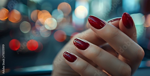 Close-up of well-manicured hands with red nail polish against a soft bokeh light backdrop. photo