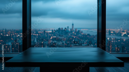 A tranquil and blurred view of a cityscape at dusk seen through the clear glass of a high-rise building window.