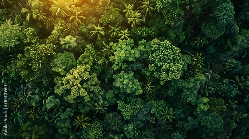 Aerial view, dense green canopy, close-up, bird's-eye, lush forest tapestry, midday sun